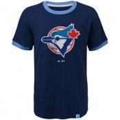 Toronto Blue Jays Youth Majestic Navy Baseball Stripes Cooperstown Collection Ringer T-Shirt