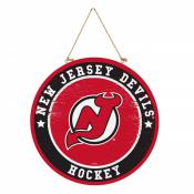 New Jersey Devils 18x18 Round Wood Sign With Hanging Rope